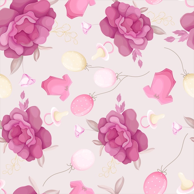 Vector cute seamless pattern with baby stuff and beautiful floral