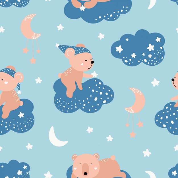 Cute seamless pattern with bears on the clouds.