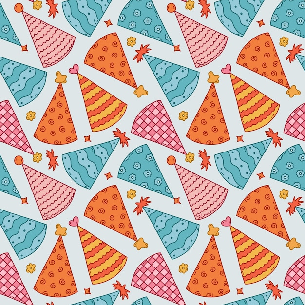 Cute seamless pattern with birthday party hats in groovy style childish design with holiday caps for wrapping paper prints background fabric scrapbook bright holiday digital paper for kids