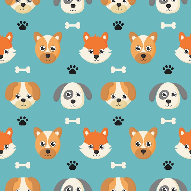 Cute seamless pattern with cartoon baby dog and bone for kids.