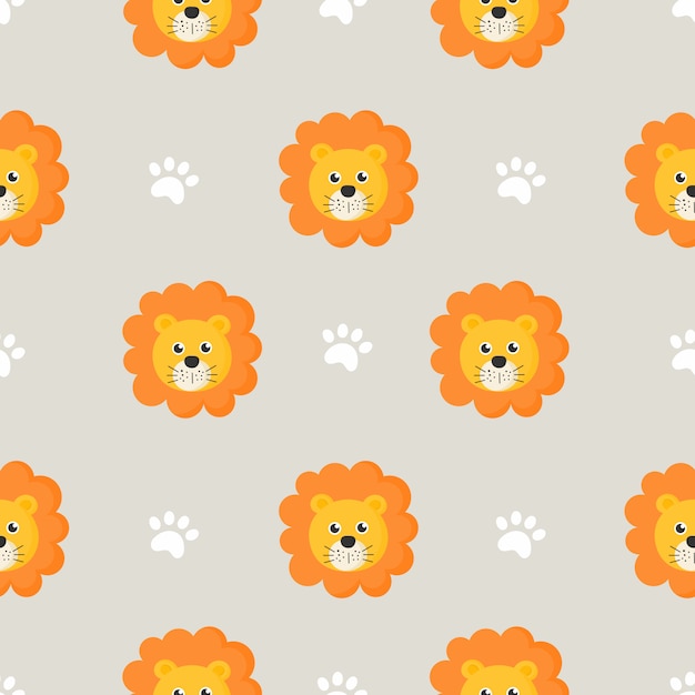 Cute seamless pattern with cartoon baby lions for kids. animal
on gray background.