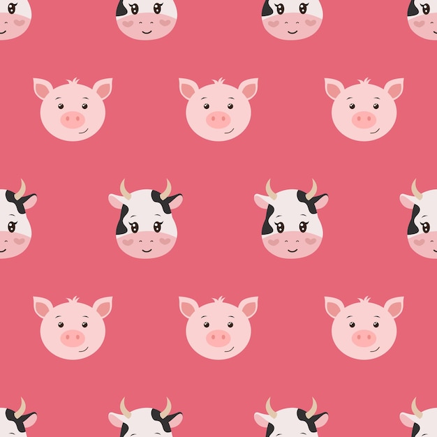 Cute seamless pattern with cartoon farm animals on pink background. cow and pig in flat style