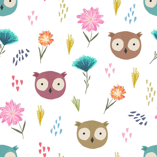 Cute seamless pattern with cartoon owl heads, colorful dots and childish flowers