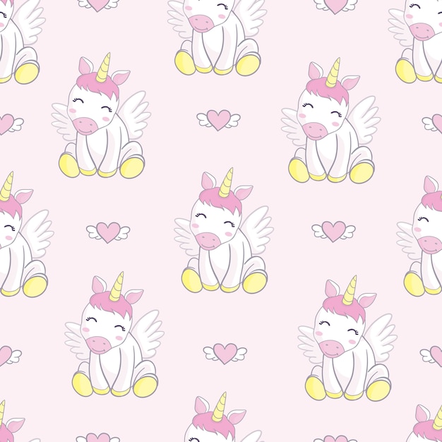 Cute seamless pattern with cartoon unicorn, magic wand and rainbow.