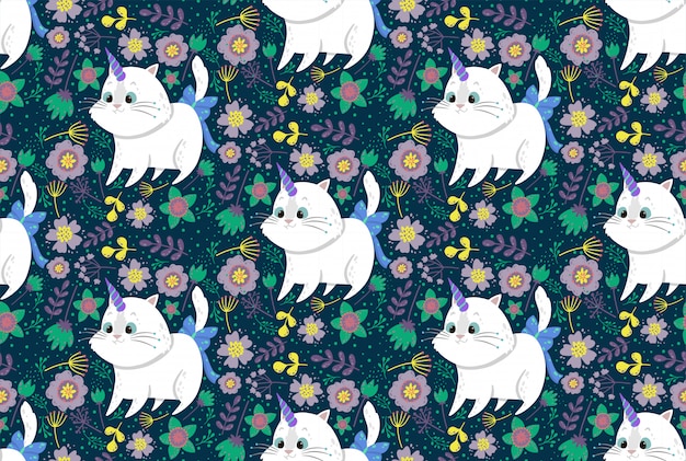 Cute seamless pattern with cat unicorn, plants, and flowers. 