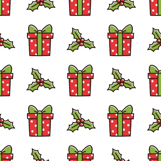 Cute seamless pattern with Christmas box gift and mistletoe