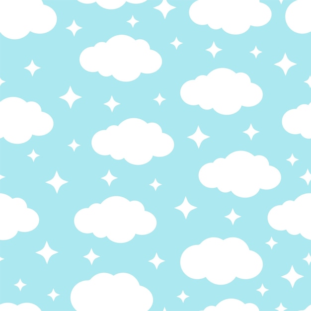 Cute seamless pattern with clouds and white stars on a blue background