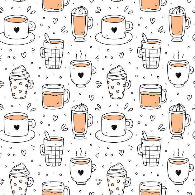 Cute seamless pattern with coffee cups americano cappuccino mocha latte doodle illustration