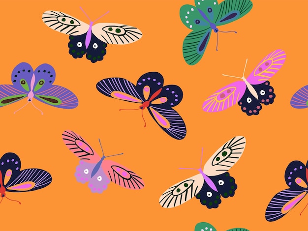 Симпатичный бесшовный узор с красочными бабочками, нарисованными вручную, в наивном модном стиле
