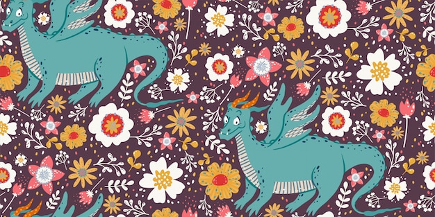 Cute seamless pattern with dragons, plants, and flowers