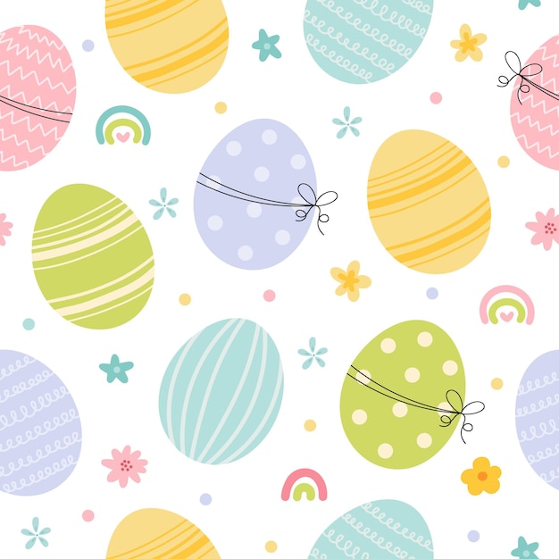 Cute seamless pattern with easter coloured eggs, rainbow and flowers. easter doodle background