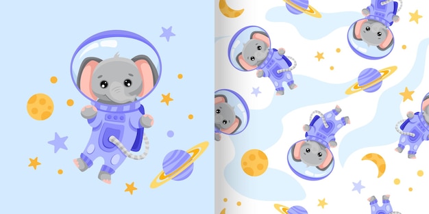 Симпатичный бесшовный рисунок со звездами слона-астронавта, луной и планетами для детского плаката