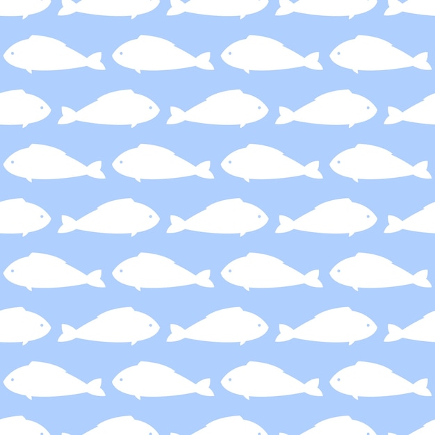 Cute seamless pattern with fish on blue background, fish silhouette