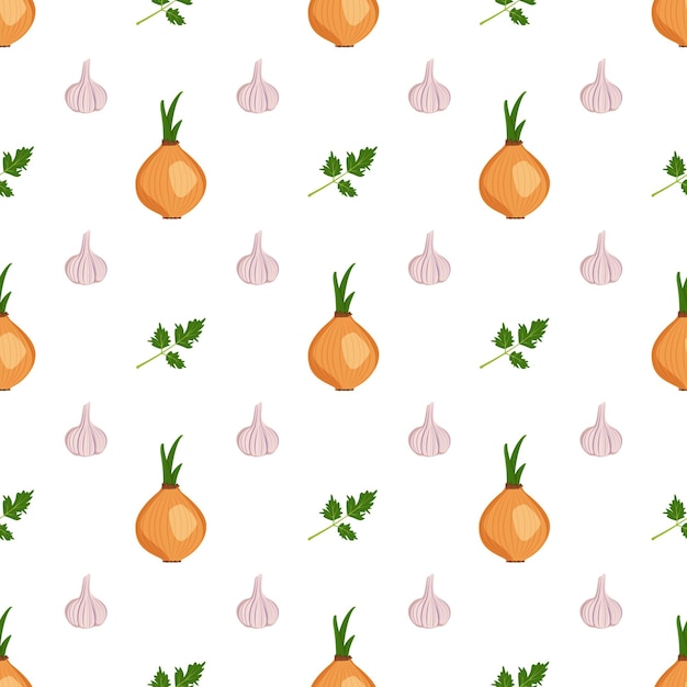 Cute seamless pattern with garlic onion and parsley herbs vegetable harvest print summer or autumn