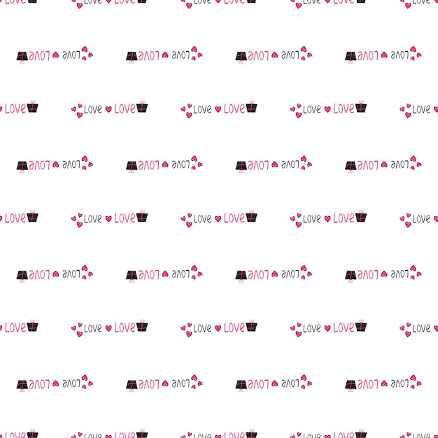 Cute seamless pattern with gift boxes, word love and hearts. Print for valentine day, wedding, holidays and design
