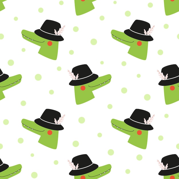 Cute seamless pattern with green baby crocodile in funny hat