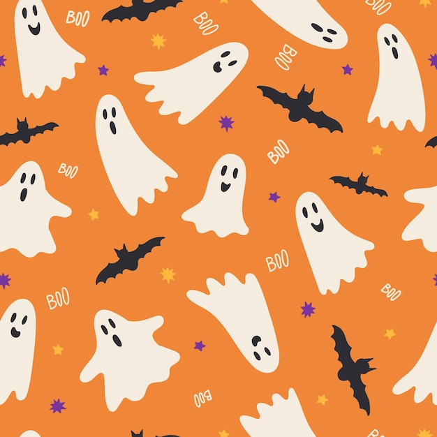 Cute seamless pattern with Halloween elements ghost bat stars Orange background Vector illustration