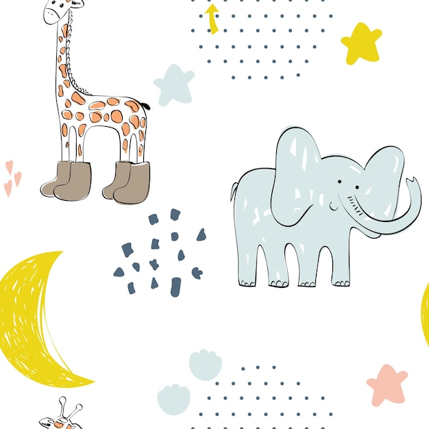 Cute seamless pattern with hand drawn animals exotic wallpaper for fabric wrapping paper etc