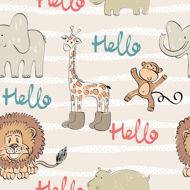 Cute seamless pattern with hand drawn animals exotic wallpaper for fabric wrapping paper etc