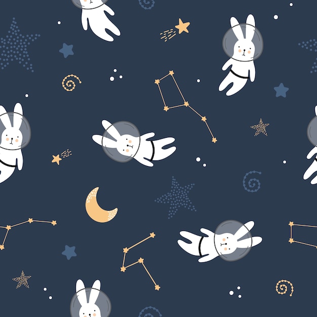 Cute seamless pattern with hares in space