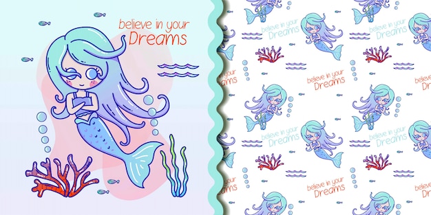 Cute seamless pattern with mermaids and jellyfish. turquoise and coral colors.