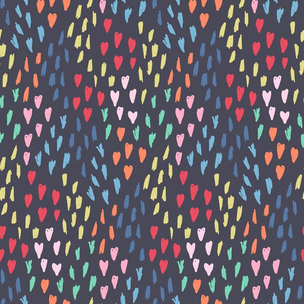 Cute seamless pattern with mess of pink hearts, blue and yellow dotted elements on dark background