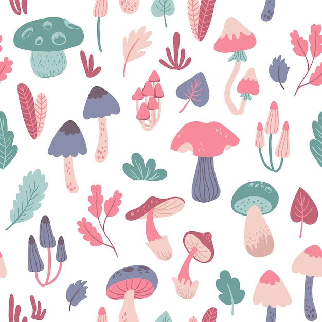 Vector cute seamless pattern with mushrooms and leaves