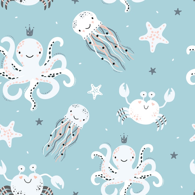 Cute seamless pattern with octopus, jellyfish, starfish, crab