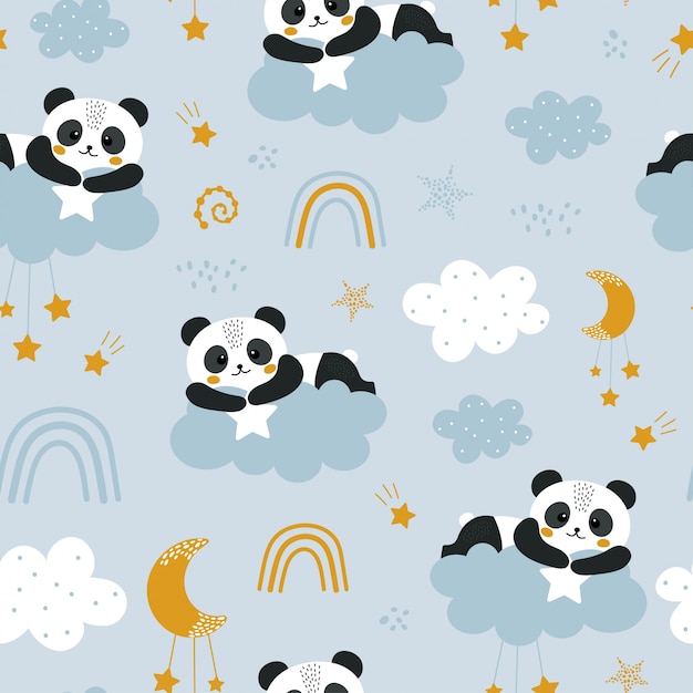 Cute seamless pattern with panda and clouds.