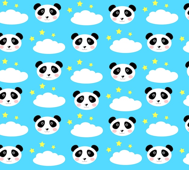 Cute seamless pattern with pandas stars and clouds Background for children