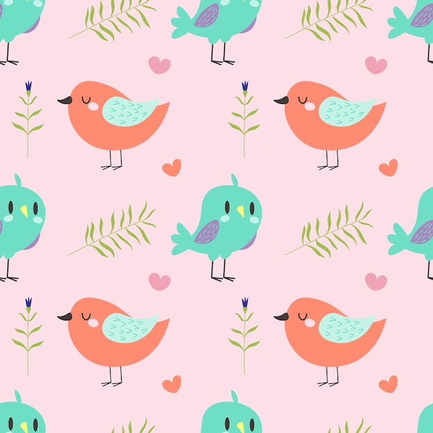 枝の背景EPSにピンクの鳥とかわいいシームレスパターン