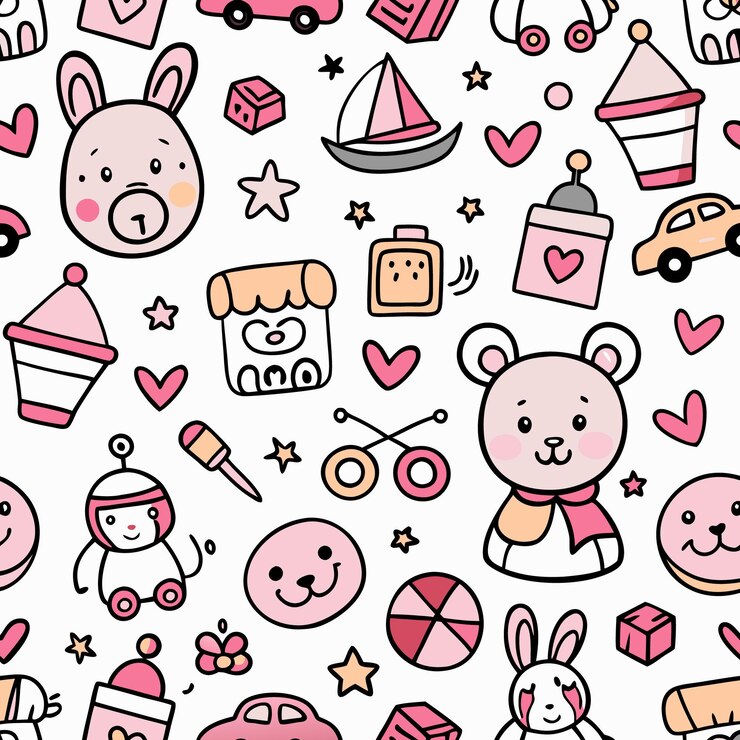 Cute seamless pattern with pink and white cartoon toys for baby girl