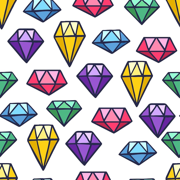 Cute seamless pattern with precious stones of various shapes and colors on dark background