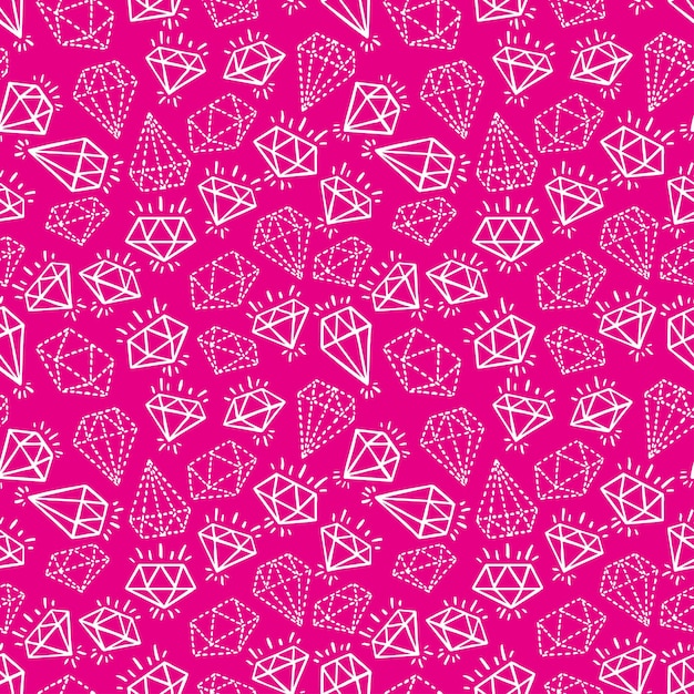 Cute seamless pattern with precious stones of various shapes on a pink background. hand-drawn illustration