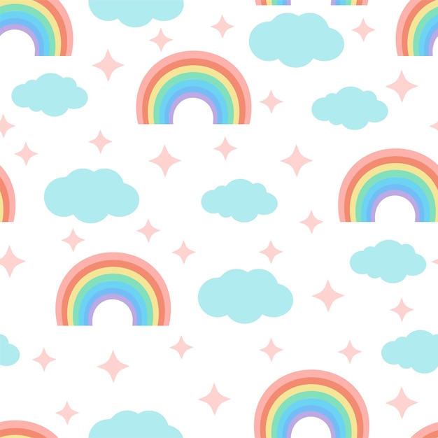 Cute seamless pattern with rainbows clouds and stars on a white background vector illustration