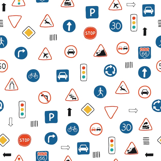 Cute seamless pattern with road signs and traffic lights on a white background. illustration in hand drawn style for children's room design, wallpaper, textile. vector