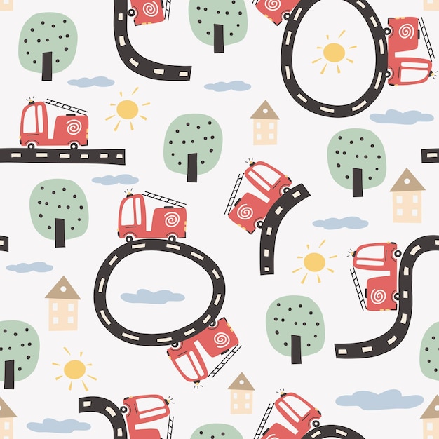 Vector cute seamless pattern with roads and transport cartoon illustration in childish handdrawn scandinavian style