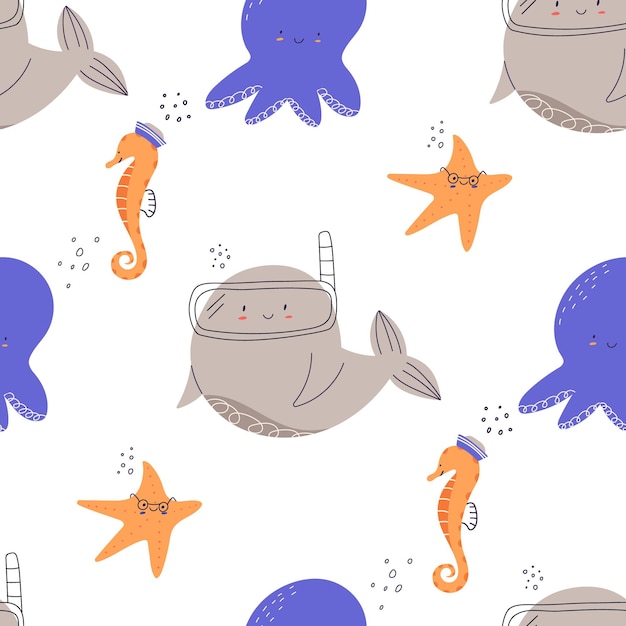 Cute seamless pattern with sea mammals whale starfish octopus and seahorse cartoon flat vector illustration Childish seamless background with funny fishes wearing mask for snorkeling