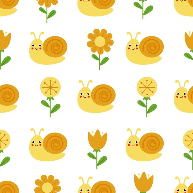 Cute seamless pattern with smiling snail and cute flowers