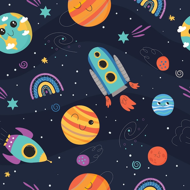 Cute seamless pattern with space concept  spaceship planets and rainbow