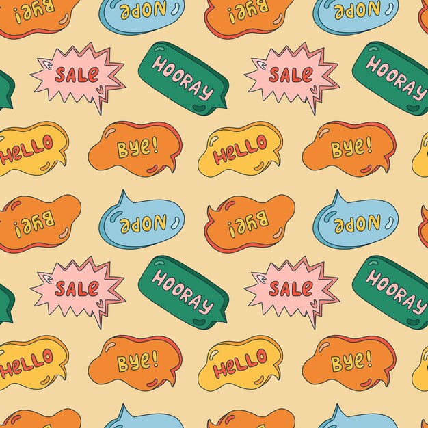 Cute seamless pattern with speech bubbles with short messages Backdrop with doodle chat clouds with handwritten talk phrases in different shapes Background for teen design template in groovy style