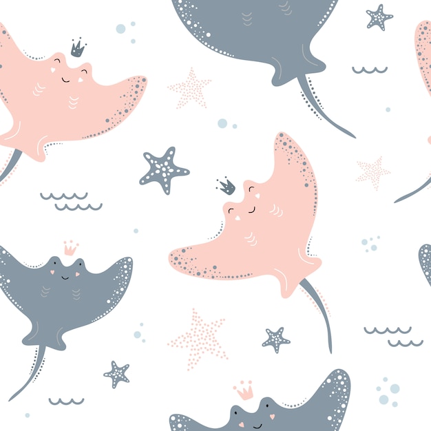 Cute seamless pattern with stingrays.