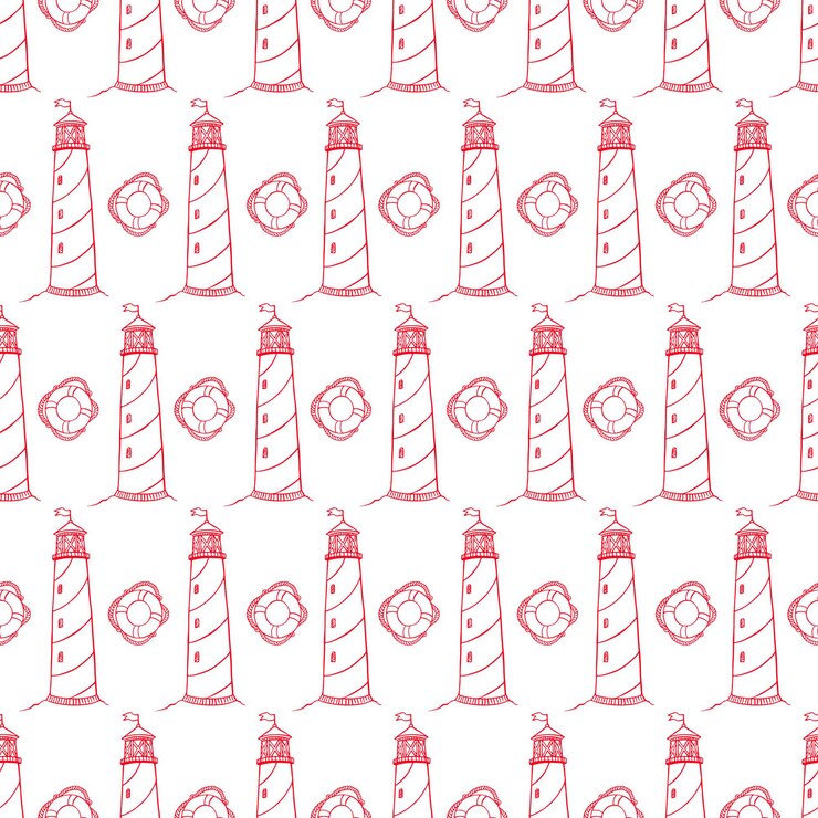 Vector cute seamless pattern with striped lighthouses and lifebuoys. hand-drawn illustration