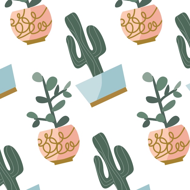 Cute seamless pattern with succulents in a pots