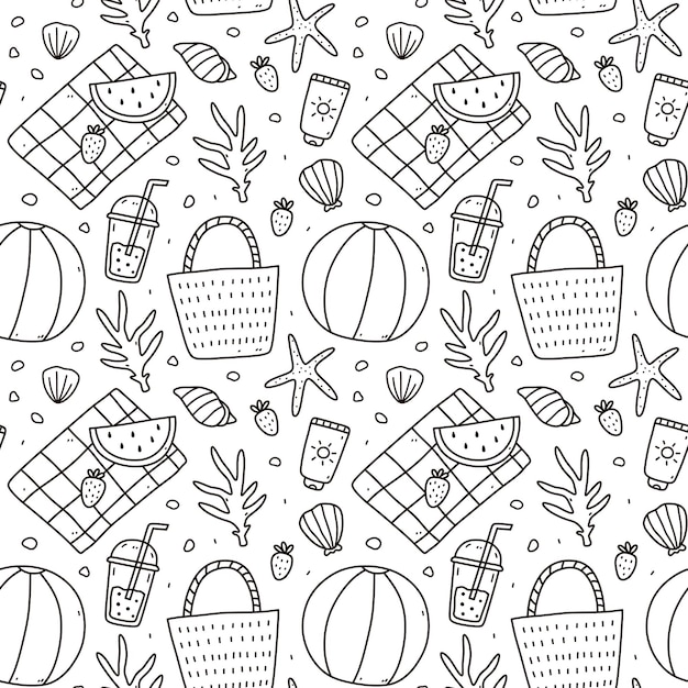 Cute seamless pattern with summer doodles beach ball wicker bag sunscreen watermelon corals starfish