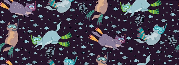 魚やクラゲに囲まれた水泳の猫とかわいいのシームレスパターン。