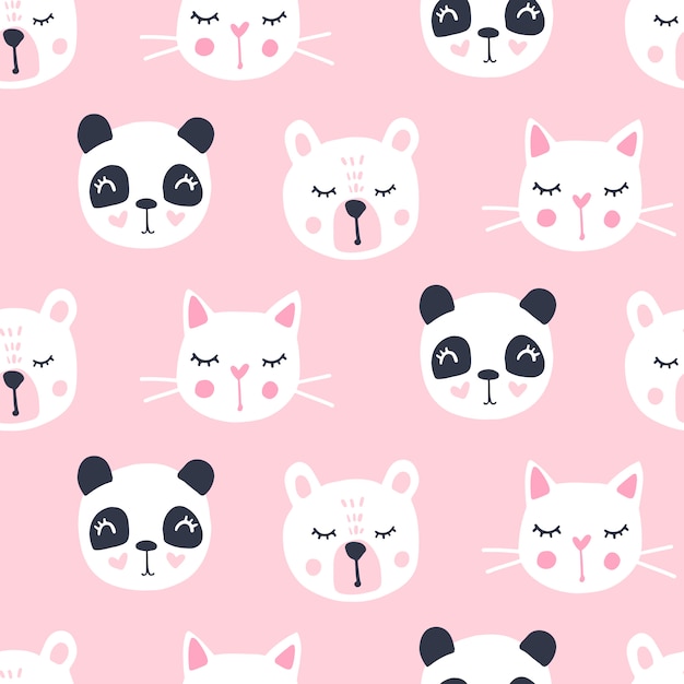 Cute seamless pattern with teddy bear, panda, cat.