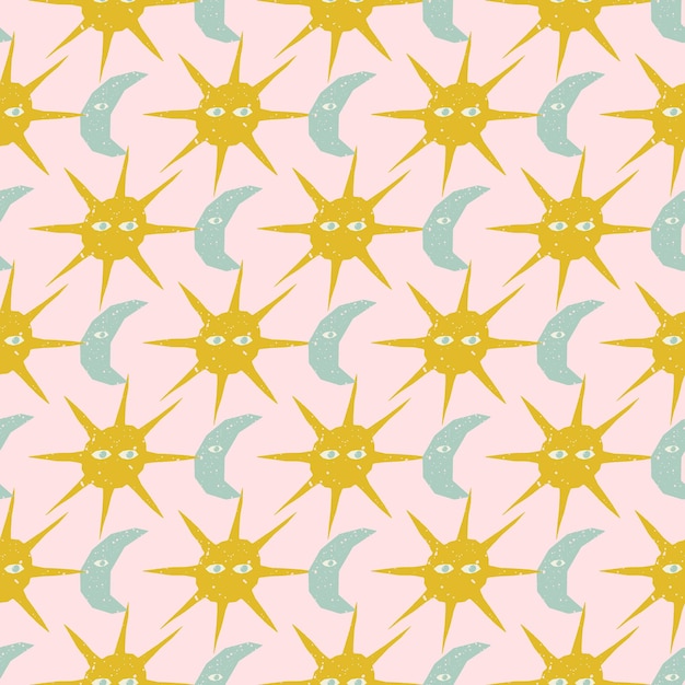 Cute seamless pattern with textured sun and moon Vector square print background design