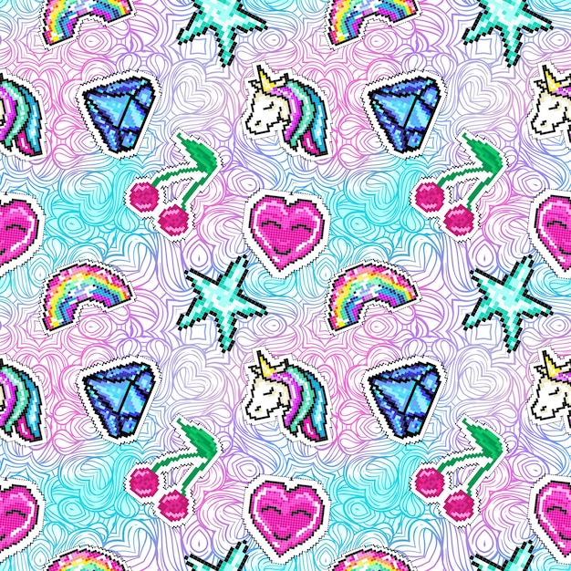 Cute seamless pattern with unicorn diamond heart rainbowcherry and star Pixel art childish print