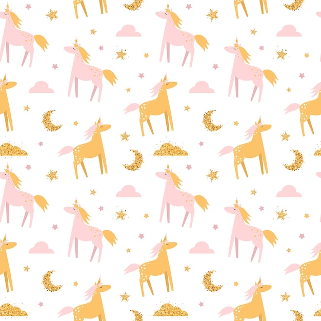 Cute seamless pattern with unicorns and rainbows.